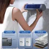 A woman is holding a portable air cooler/fan against a wall, with diagrams illustrating different mounting options. Produktbild-Vorschau