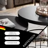 A close-up view of two round coffee tables stacked on top of each other, with a magazine on the lower table and decorative items on the upper table. The image includes overlaid text highlighting product features and a German flag. Voir les images du produit