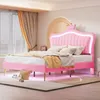 A pink upholstered bed with a crown-shaped headboard and LED lighting in a bedroom setting. Produktbild-Vorschau