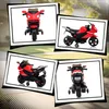 A collage of four images showing a red children's electric motorcycle from different angles. Produktbild-Vorschau