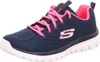A single navy blue Skechers sneaker with pink laces and accents is shown against a white background. Voir les images du produit