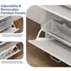 Close-up shots of a white shoe cabinet, highlighting its adjustable and removable partition panels. Produktbild-Vorschau