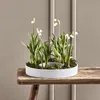 A circular gray planter with white flowers and green foliage sits on a rustic wooden bench. Voir les images du produit
