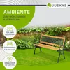 A garden bench is shown in a lush garden setting, with text overlays highlighting its features and brand. Podgląd zdjęcia produktu