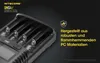 A close-up, angled view of a Nitecore UMS4 battery charger, with text overlays highlighting its features. Podgląd zdjęcia produktu