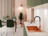 A modern kitchen and dining area with a sink, faucet, cabinets, dining table, and chairs. Podgląd zdjęcia produktu