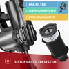 A close-up view of a vacuum cleaner, with labels and diagrams explaining its filtration system. Produktbild-Vorschau