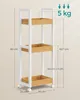 A three-tiered shelving unit with bamboo shelves and white metal frame, shown against a light gray background with measurement annotations. Náhled obrázku produktu