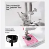 Close-up views of a sewing machine's needle and bobbin area, with text highlighting features. Produktbild-Vorschau