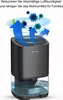 A dehumidifier with blue arrows and stylized virus icons indicating air purification and moisture reduction. Produktbild-Vorschau