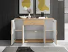 A wooden sideboard with its doors and drawer open, displaying its interior shelves and compartments. It is set against a dark gray wall with two abstract art pieces above it. Produktbild-Vorschau