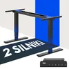 A black adjustable desk frame with blue accents, displayed on a blue and white background with text overlay. Podgląd zdjęcia produktu