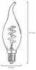 A line drawing of an LED candle flame light bulb with dimensions indicated. Produktbild-Vorschau