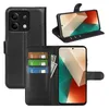 A collage of a black leather flip case for a Xiaomi Redmi Note 13 5G, showing the case open and closed, with cards and money inserted. Produktbild-Vorschau
