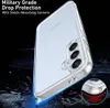 A clear phone case is shown on a dark, abstract background with sparks and debris, suggesting durability and protection. Produktbild-Vorschau