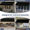A collage of four images showing black awnings installed in different outdoor settings: a garden, a balcony, a patio with furniture, and a window. Náhled obrázku produktu