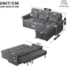 A diagram showing the dimensions of a gray sectional sofa, with one view showing it as a sofa and another showing it converted into a bed. Produktbild-Vorschau