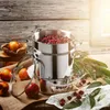 A stainless steel steamer pot filled with cherries, surrounded by apples and leaves, on a wooden table. Produktbild-Vorschau