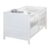 A white baby crib with bedding and a stuffed toy inside, set against a white background. Produktbild-Vorschau