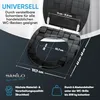 A black toilet seat with a textured pattern, shown open with dimensions and feature callouts. Produktbild-Vorschau