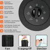 A diagram showing the controls and features of a heater, along with three inset images of the product's fan, handle, and plug. Anteprima dell’immagine prodotto