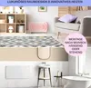 A collage of images showing a modern living room with a heater and a bathroom with a glass panel heater. Produktbild-Vorschau