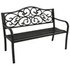 A black metal garden bench with ornate scrollwork on the backrest, shown against a white background.
