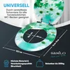 A toilet seat and lid with a floral pattern, with dimensions and feature callouts. Produktbild-Vorschau