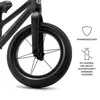 Close-up of a black balance bike wheel and fork, with marketing icons and text on the right. Produktbild-Vorschau