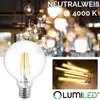 A collage of product images, featuring a large LED bulb and a close-up of filament LEDs, set against a blurred background of hanging lights. Produktbild-Vorschau