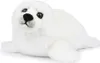 A white plush seal toy lying down on a white background. Produktbild-Vorschau
