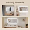 Collage of images showing an LED mirror in different settings: a bathroom, an entryway, and a bedroom/living area. Náhled obrázku produktu