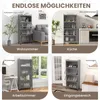 Collage of four scenes showing a gray storage cabinet used in different rooms: living room, kitchen, office, and entryway. Náhled obrázku produktu