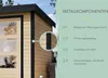 A close-up view of a wooden garden house with black metal accents, featuring a list of its metal component benefits. Produktbild-Vorschau