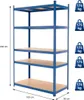 A blue metal shelving unit with five tan shelves, shown against a white background. Dimensions and weight capacity are indicated with text and icons. Náhled obrázku produktu