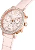 A close-up, angled view of a Swarovski analog watch with a pink leather strap and a rose gold-toned case. Produktbild-Vorschau