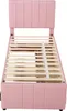 A pink upholstered bed frame with a slatted base is shown against a white background. Náhľad obrázku produktu