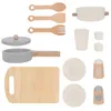 A collection of wooden toy kitchen accessories laid out on a white background. Podgląd zdjęcia produktu