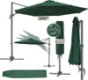 A collage of images showing a green cantilever umbrella in various states and with accessories. Náhled obrázku produktu