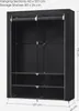 A black fabric wardrobe with shelves and hanging rods, with dimensions indicated. Produktbild-Vorschau
