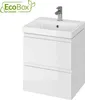 A white bathroom vanity with a sink and faucet, with a green logo in the upper left corner. Produktbild-Vorschau