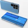 A blue smartphone case with a clear view flip cover is shown next to a blue smartphone. Produktbild-Vorschau