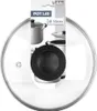 A clear glass pot lid with a silver rim and a black handle, placed on a white background with packaging information. Podgląd zdjęcia produktu