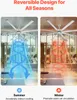 A split image showing a ceiling fan in a gym setting, illustrating its summer and winter modes. Produktbild-Vorschau
