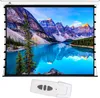 A motorized projection screen displaying a landscape image, with a remote control in the foreground. Podgląd zdjęcia produktu
