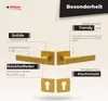 A marketing image showcasing a gold-colored door handle set with descriptive text highlighting its features and benefits. Produktbild-Vorschau