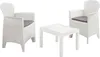 A white wicker-style garden set consisting of a coffee table and two armchairs with gray cushions, set against a white background. Produktbild-Vorschau
