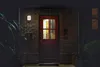 A dark exterior shot of a house entrance at night, featuring a red door with a window, a house number '8' light, and plants. Produktbild-Vorschau