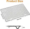 A black wire cooling rack is shown with dimensions indicated by text and arrows. A close-up view of the rack's edge is also shown, indicating its thickness. Produktbild-Vorschau
