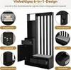 Collage showing different features of a black entryway storage unit with shelves, drawers, a bench, and hooks. Produktbild-Vorschau